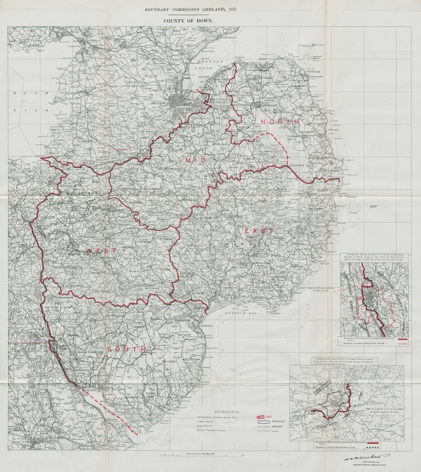 County Down Parliamentary. Ireland. BOUNDARY COMMISSION. Whitlock 1917 old map